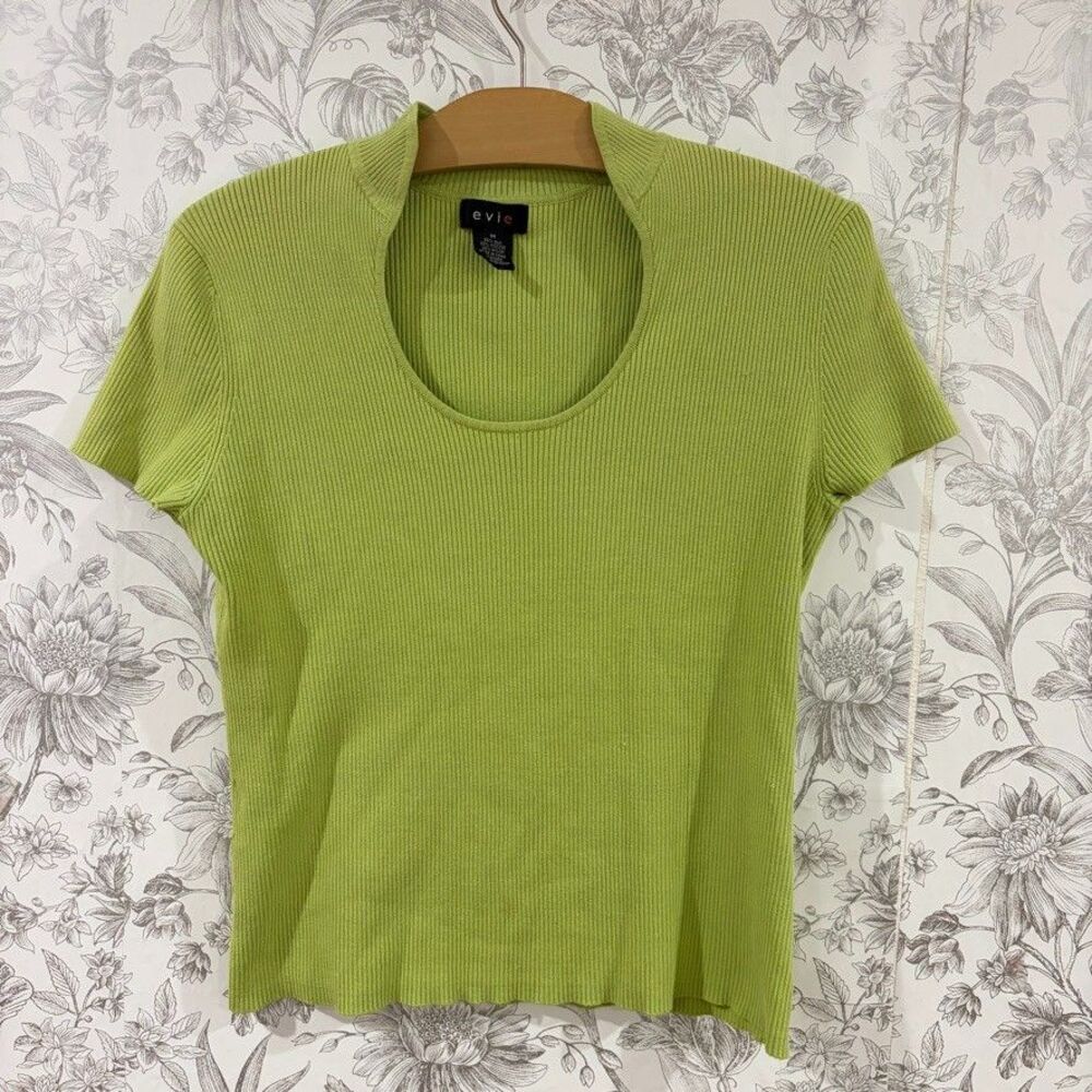 Vintage 90s Evie Silk Blend Knit Ribbed Top Lime Green Scoop Neck Short Sleeve M